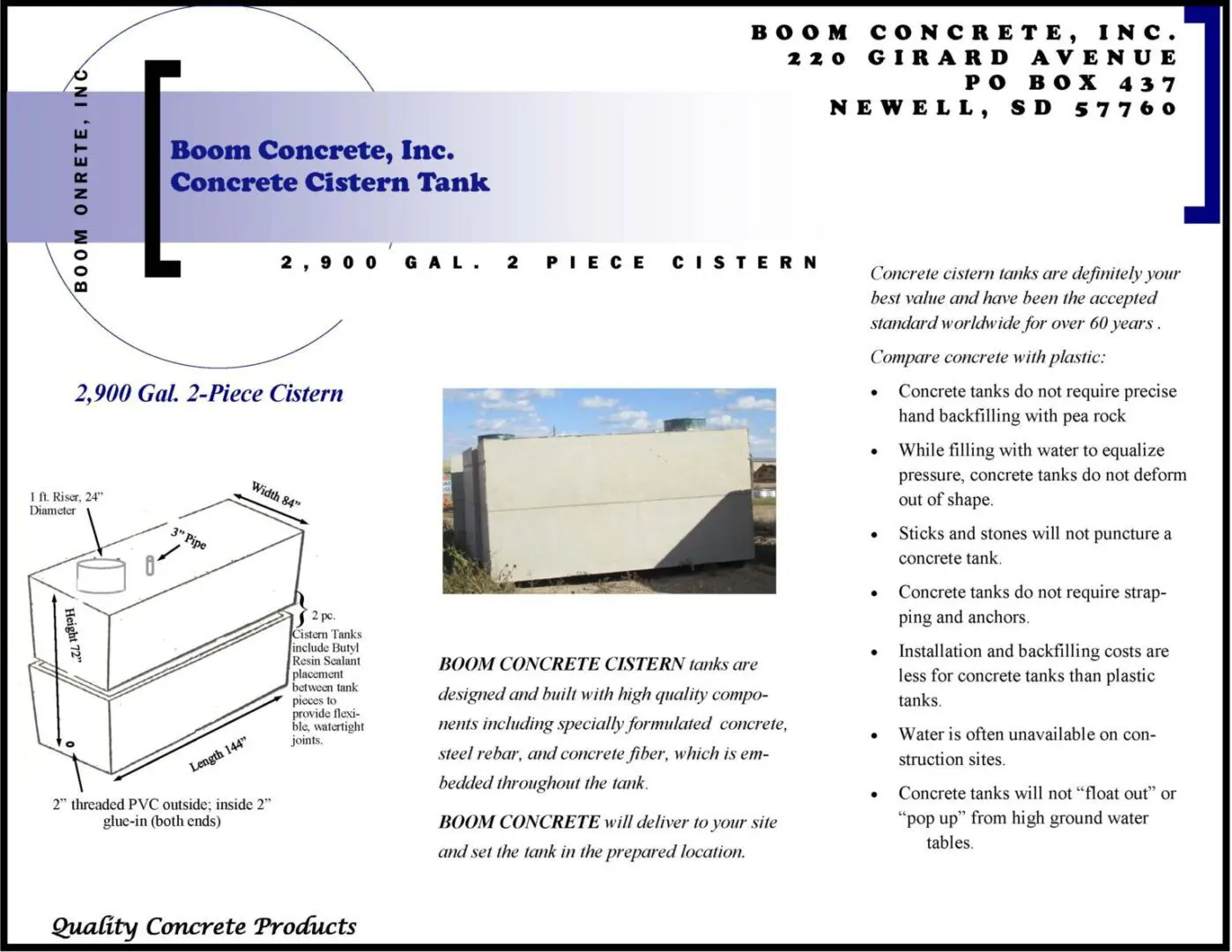 Brochure for Boom Concrete, Inc. features a 2,900-gal 2-piece cistern tank with installation details and company contact info.