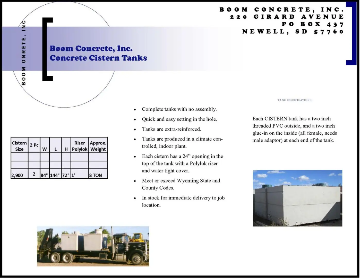 Advertisement for Boom Concrete Inc. showing a semi-truck transporting a large concrete cistern tank. Includes company address and information on tank features and specifications.