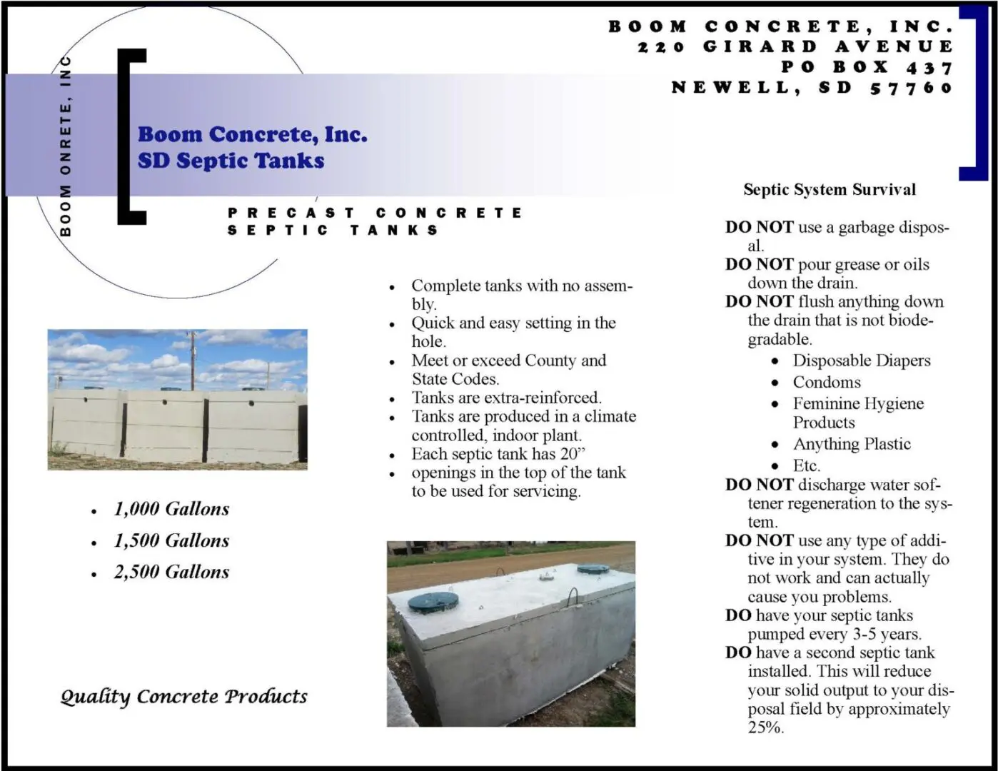 Brochure for Boom Concrete, Inc. featuring images of septic tanks. Includes company information, product details, and septic system survival tips with bullet points.