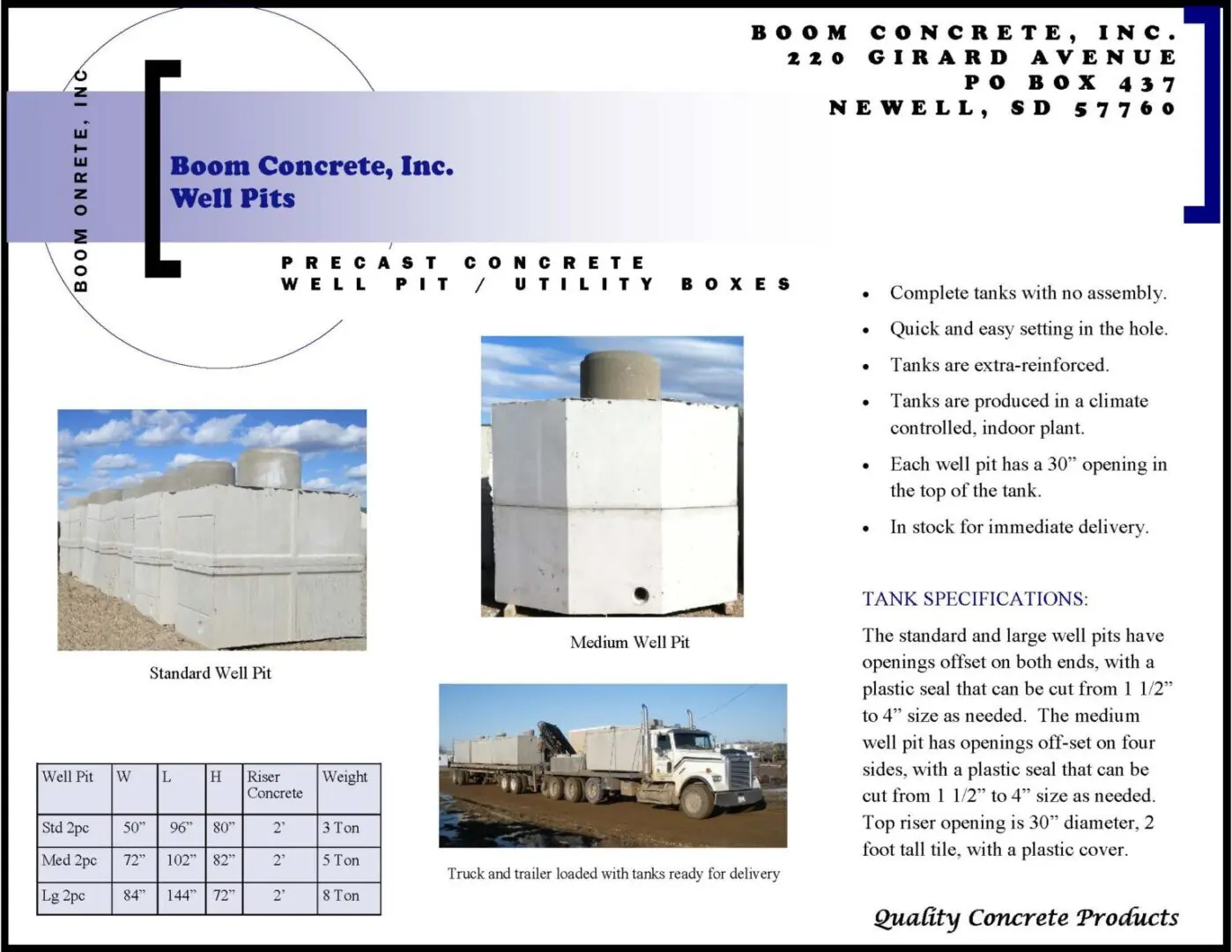 Promotional poster for Boom Concrete, Inc. showing precast concrete products, images of a standard and medium well pit, specifications, and contact information.