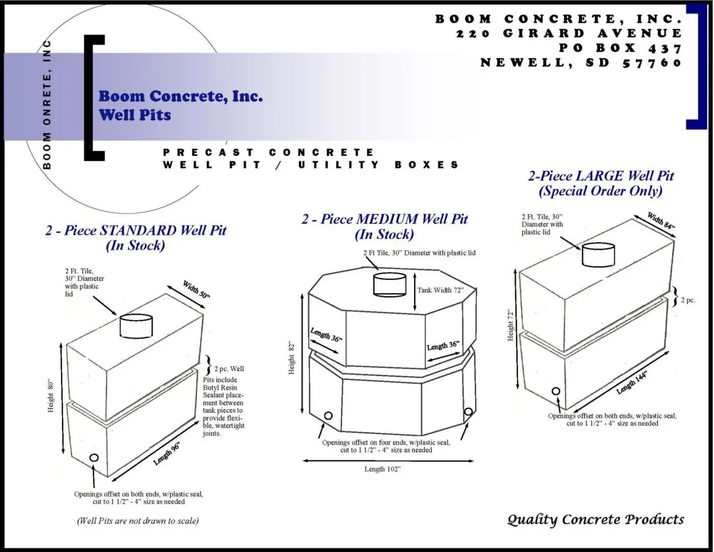 Diagram of three precast well pits by Boom Concrete, Inc., featuring standard, medium, and large options with their specifications and an address header.