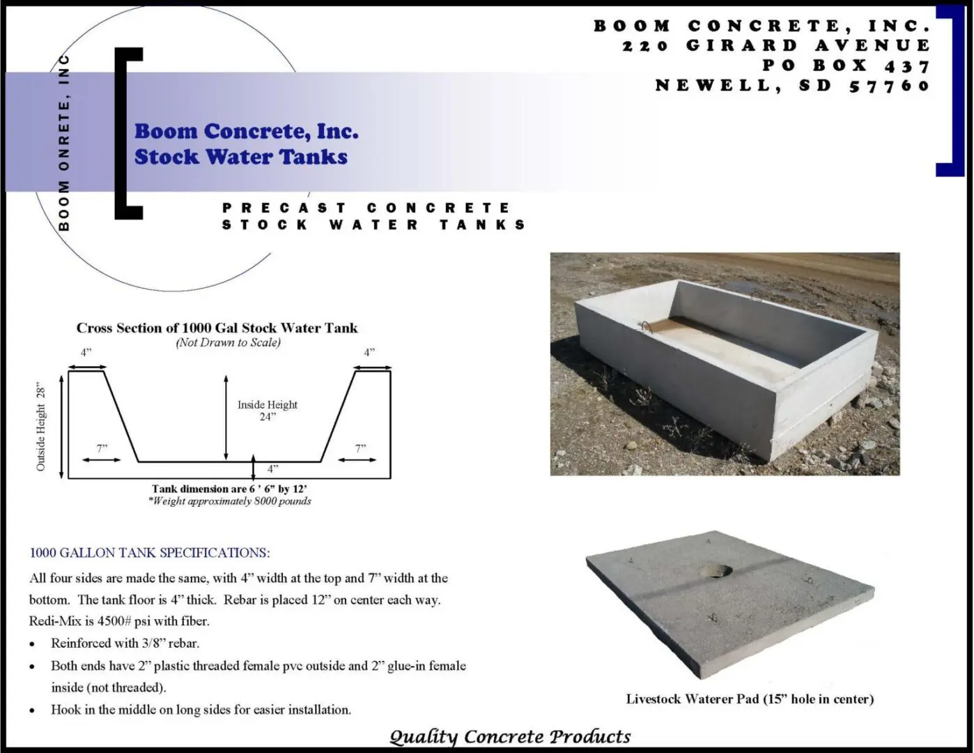 Brochure for Boom Concrete, Inc. featuring a precast stock water tank and livestock water pad, including dimensions, specifications, and company contact information in Newell, SD.