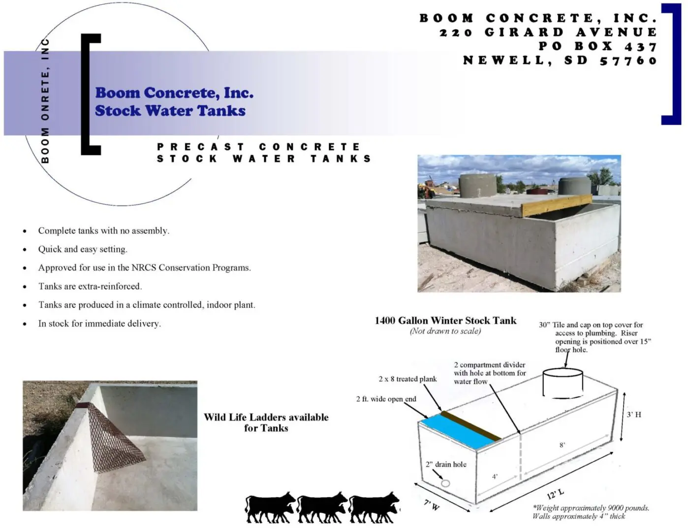 Flyer for Boom Concrete, Inc. advertising stock water tanks. Includes contact info, features of the tanks, an illustration of a tank, and silhouettes of cattle.