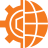 Orange icon of a half-gear and half-globe, symbolizing global technology or engineering.