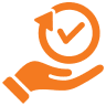 Orange icon of a hand holding a circular arrow surrounding a checkmark, symbolizing reliability or completed tasks.